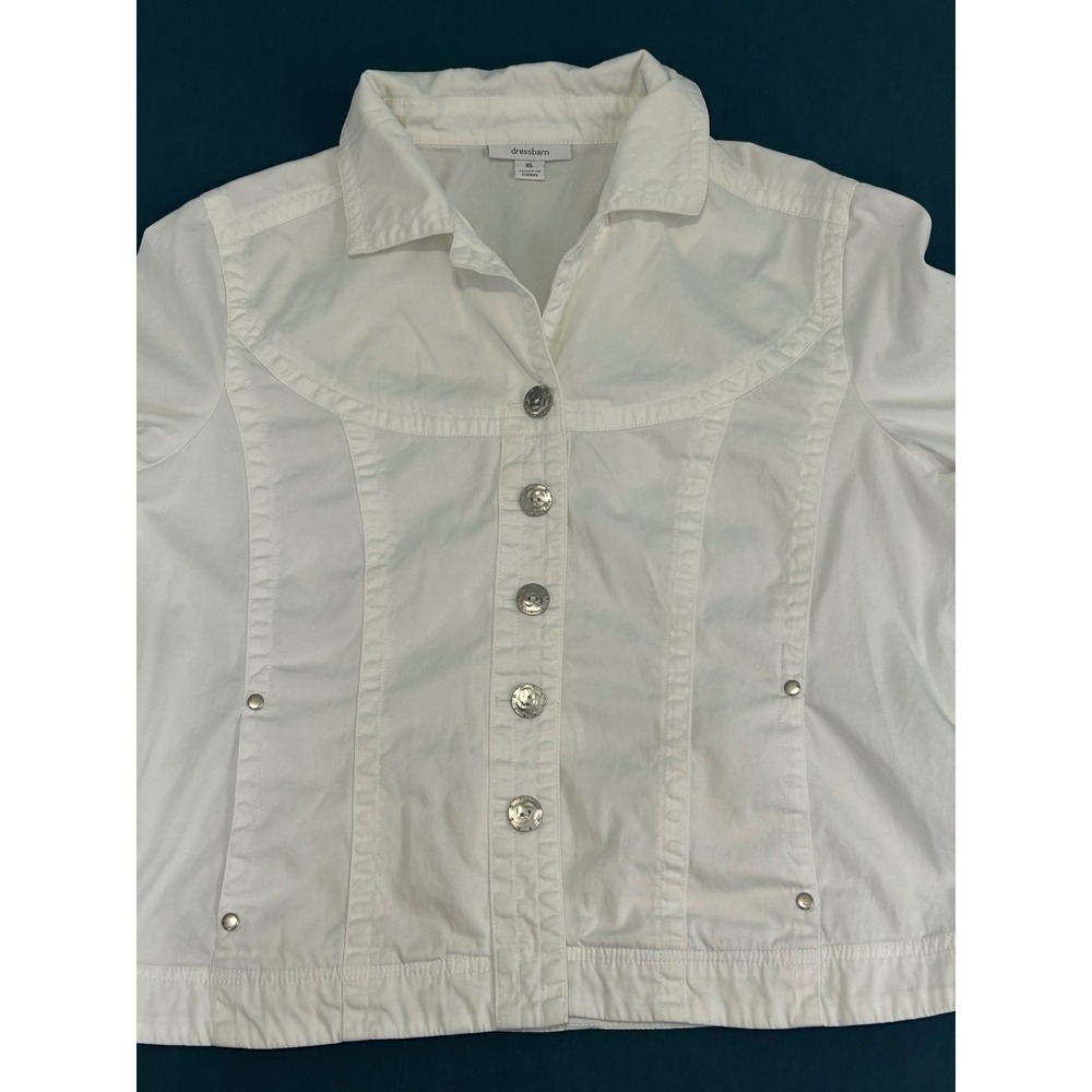 Dressbarn Womens XL White Denim Style Jacket 3/4 Sleeve Button Front Stretch
